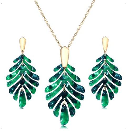 KONFEN Blatt Schmuckset für Damen, Grünes Blatt Halskette und Ohrringe Set, Acrylic Blätter Halskette Ohrstecker Kostüm Schmuck Set für Weihnachten Feste für Frauen Mädchen (Grün)