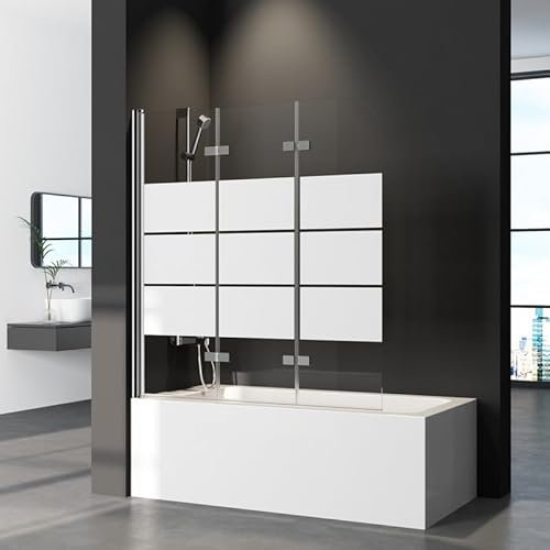Duschwand für Badewanne 3-teilig Faltbar 140x140cm Badewannenaufsatz, Gestreift Glas Klappbar Duschwand Duschabtrennung für Badewanne aus 6mm Sicherheitsglas (ESG), Badewannenfaltwand