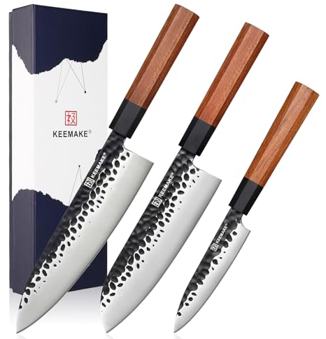 KEEMAKE Knife Set of 3pcs, Kitchen Knife Set with 440C Stainless Steel Blade Chef Knife Set Octagon Wood Handle Knives Set for Kitchen G10 Bolster Kitchen Knives