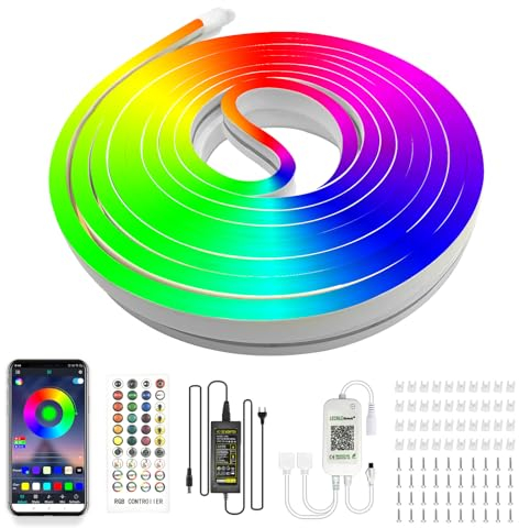 calflux Neon Led Strip 20m,Bluetooth RGB Flexible LED Streifen Lichterkette,IP65 Wasserdicht lichtband LED Band mit Fernbedienung,24V Dimmbar Farbwechsel für Schlafzimmer,Raum,Innen-Außendekoration