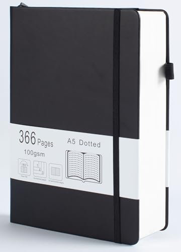 Thick Bullet Dotted Journal with 366 Numbered Pages, A5 Journal for Writing with 100GSM Dot Grid Paper, Hardcover Leather Notebooks for Women Men School Note Taking Office Work Diary, 5.7x8.3 Black