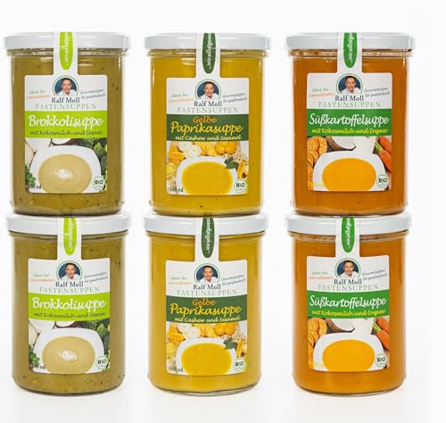 Intervallfasten mit neuen veganen Bio-Suppen von Ralf Moll® Fastensuppen | 6x 380ml Bio-Suppen im Glas | Ideal für Fastenkur Scheinfasten und Souping | mit Gelbe-Paprika, Brokkoli, Süßkartoffel