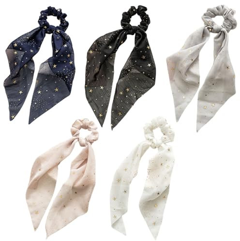 scicent Haargummi Mädchen 5 Stück Haarbänder Schals Bowknot Haar Scrunchie mit Stern Chiffon Elastische Pferdeschwanzhalter Mode Haarabdruck für Frauen und Damen - 24014
