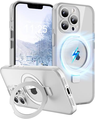 SOOFUN for iPhone 13 Pro Case with Magnetic Ring Stand, Built-in Camera Lens Protector Compatible with Magsafe Sturdy Invisible Kickstand Shockproof phone case cover for iPhone 13 Pro, White