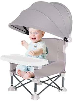 Foldable Booster Seat Dining Chair, Portable Baby Beach Chair with Removable Tray and Sunshade, Ideal for Outdoor Picnics, Parties, Camping