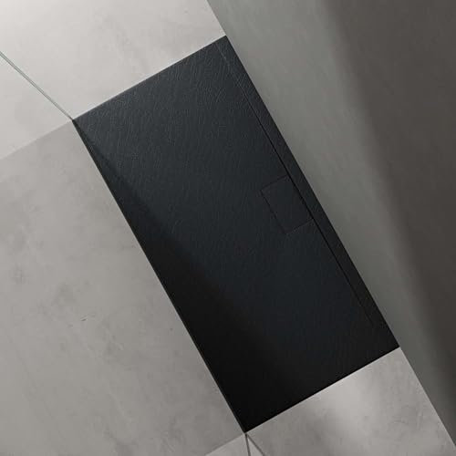 doporro Receveur de Douche 100x140x3 cm Bac à Douche Ultra Plat en Solid Surface Gris Noir Mat Geoma07 avec Bonde AL06