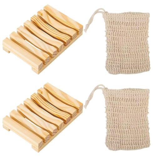 EIHI 2 Porte Savon, Porte-Savon Cuisine AntidéRapants, Avec 2 sacs à savon en coton et en lin,Support Savon Bambou Naturel en Bois, Boite a Savon pour Salle de Bain Cuisine ou Douche