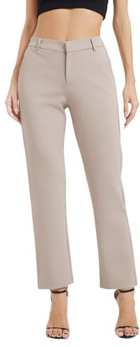 EXCHIC Donne Business Gamba Dritta Elastico Vita Lavoro Pantaloni Casual Comodo Bootcut Pantaloni con Tasche(L, Cachi)