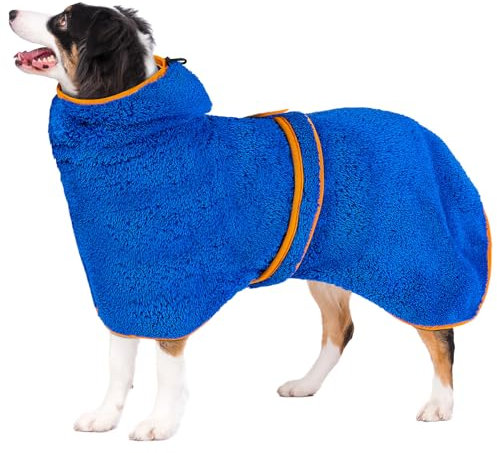 Bienbee Weicher Hundebademantel, super saugfähig und schnell trocknend, mit Kapuze, gemütlicher Trockenmantel für nach dem Baden, Blau, Größe XXL