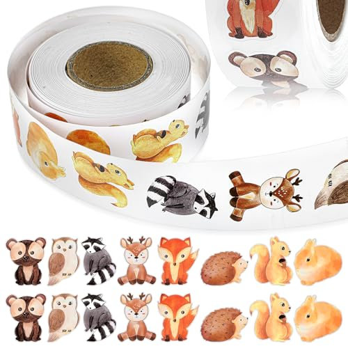 500 Stück Tier Aufkleber Kinder,Cartoon Sticker Kinder,Tiers Belohnungsaufkleber Rolle,Runde Waldtier Aufkleber,Selbstklebende Tier Aufklebers