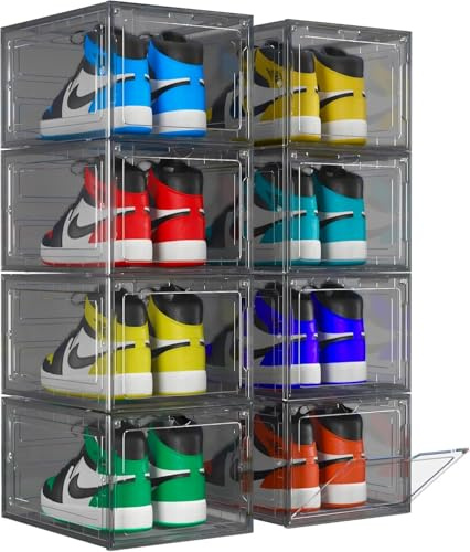 Unique Impression 8 Pack Grey Stackable Shoe Storage Boxes - Plastic Trainer Storage Boxes - Transparent Shoe Display Containers - Fits Up To UK 12.5 Size Men’s