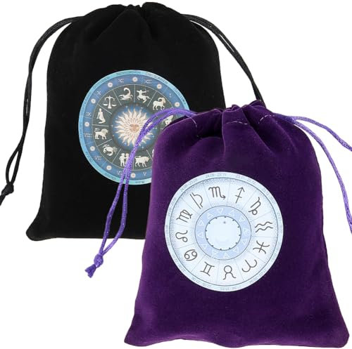 CREATCABIN 2 Stück Tarot Taschen Tarot Karten Beutel Tarot Deck Halter Aufbewahrung Tarot Beutel Samtbeutel Mit Kordelzug Schwarz/Lila Wickelbeutel Mit Sternzeichen Für Kristalle Altar Runen 12.5x15cm
