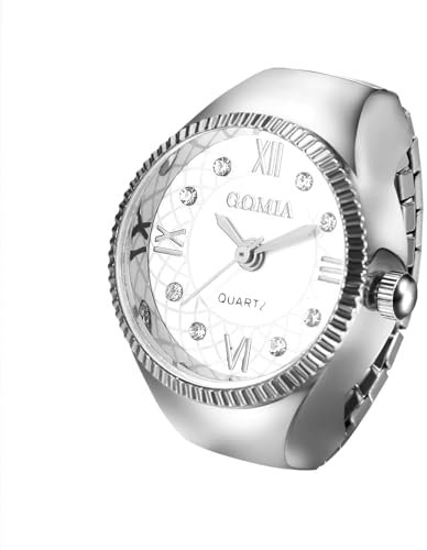 JewelryWe Fingeruhr Elastische Ringuhr Damen: Silber Analog Quarz Fingerringuhr Edelstahl Stretchband Uhr Ring Unisex mit Zugband und Römischen Ziffern Diamantskala