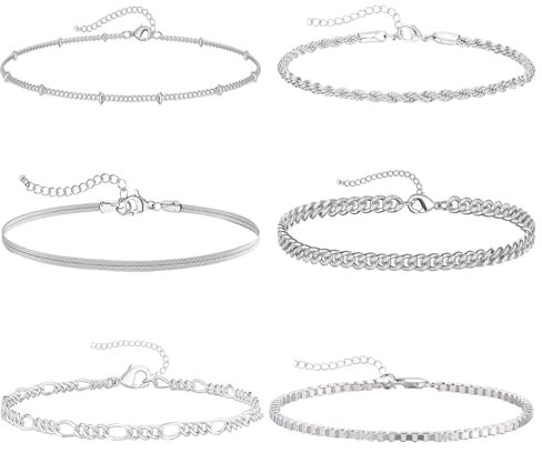 JSTHHTT 6 Stück Armband Damen Armband Set Stapelarmbänder Verstellbare Stapelbare Kettenarmband Charm Armband Armband Verstellbar Damen Armband Boho Mädchen Modeschmuck Geschenke (Silber, L)