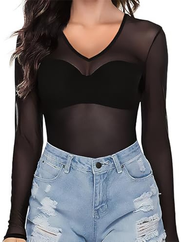 Haut transparent à manches longues en dentelle et maille pour femme