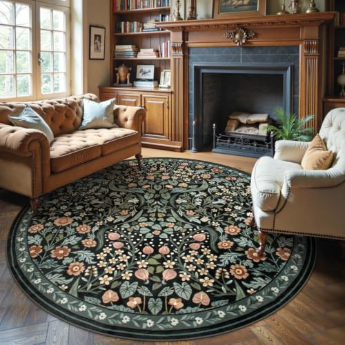 Moynesa Floraler runder Teppich, 1,8 m, waschbar, Boho, rund, Wohnzimmerteppich, rutschfest, weich, groß, kreisförmig, für Esszimmer, botanischer ultradünner Bodenteppich für Schlafzimmer, Küche