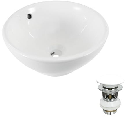 NUESTRA VIDA Lavabo Redondo Sobremesa Cerámica 41x18 cm - Incluye Pop-Up y Orificio Grifería (Baño/Invitados)