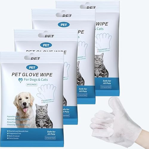 HONGYEE [4 er-Pack/24 Stück] Handschuhtücher für Haustiere, Einweg-Tier-Reinigungstücher, geruchlos und parfümfrei, für die tägliche Pflege, Reinigung und Grooming von Hunden und Katzen