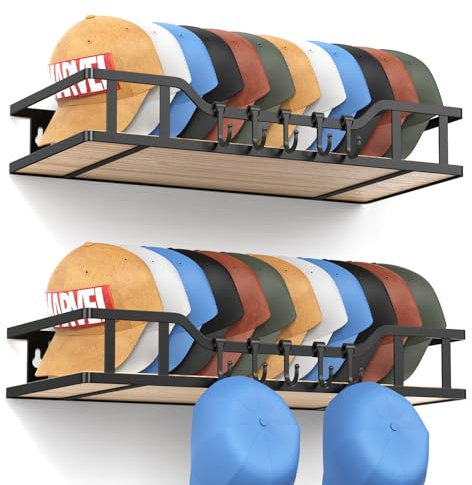 THENNIKIGO Natural Wood Hat Racks for Baseball Caps Peaked Caps Wall Hat Organizer Fit 40 Caps Holder, 2 Packs Sturdy Wall Mounted Snapback Storage Organizer, Black
