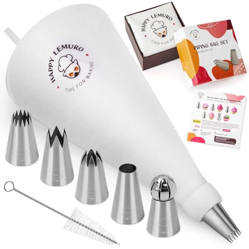 Poche à douille avec douilles – 5 douilles extra larges avec poche à douille en coton – Poche à douille pour décoration de gâteaux, cupcakes, pâtisseries | Seringue à gâteau | Ustensiles de pâtisserie
