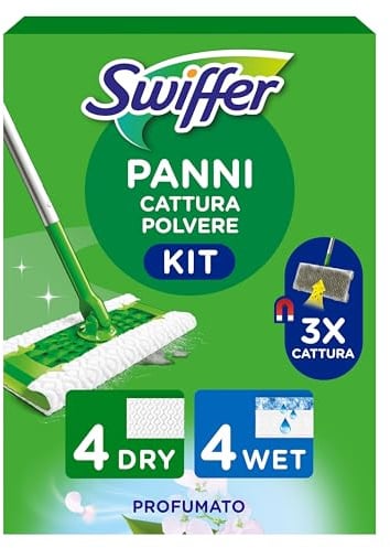 Swiffer Starter Kit Manico Scopa + 4 Panni Pavimenti + 4 Lavapavimenti | Include: 1 scopa, 4 panni catturapolvere, 4 lavapavimenti