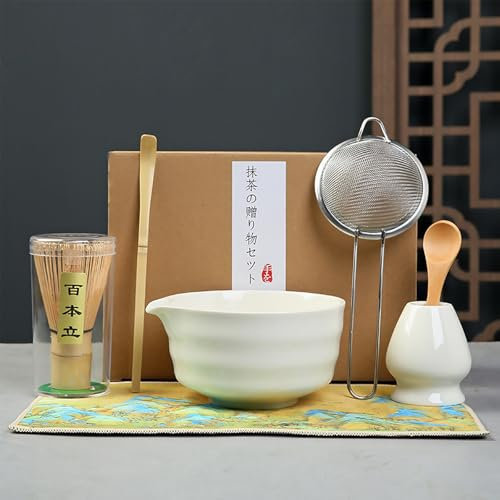 Service à Thé Japonais, Matcha Kit 7 Pièces Matcha Set, Bol Matcha avec Bec Verseur, Fouet en Bambou, Support à Fouet, CuillèRe à Café, Tamis à Matcha, Torchon, Blanc Service à thé Matcha en Céramique