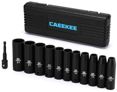 CaeeKee 12-Piece 1/2 Drive Deep Impact Socket Set, Metric (10mm - 24mm), 12-Point, Cr-V Steel, Includes Drill Socket Adapter