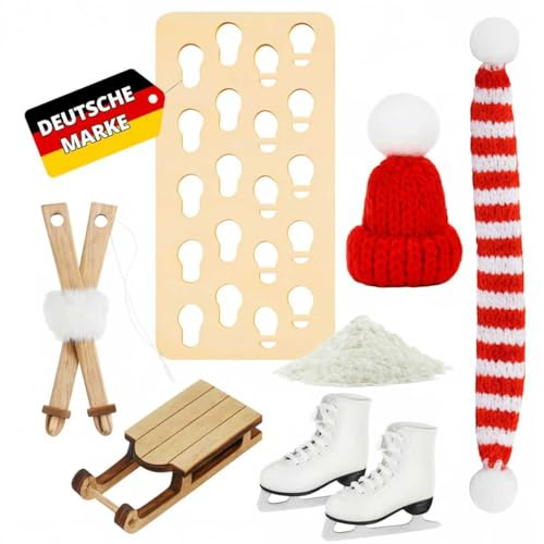 Wichtel Zubehör Schlitten, 7-Teiliges Wichtelkleidung Set | mit Wichtelschlitten Schnee Schlittschuhen Schal Mütze Fußabdruckschablone und Skiern, Miniatur Wichteltür Deko Weihnachten