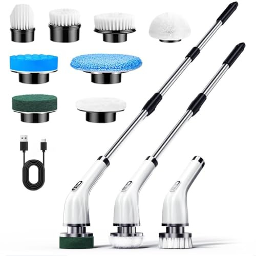 Electric Spin Scrubber with 9 Brush Heads & Extendable Handle, Cordless Bathroom Cleaning Brush, 2-Speed Power Scrubber, IPX7 Waterproof Shower Scrubber for Tile, Tub, Floor & Kitchen