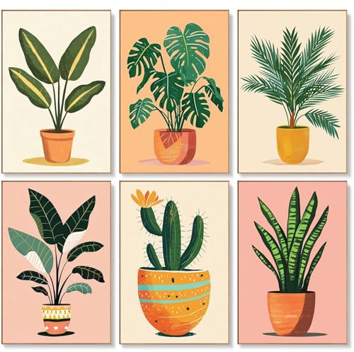 Offito Art 6 Stück Malen nach Zahlen Erwachsene – 20x30 cm 6er Pack Pflanzen Malen nach Zahlen Leinwand für Anfänger, Grüne Pflanzen DIY Acryl Paint by Numbers for adults, für Home Décor, Ohne Rahmen