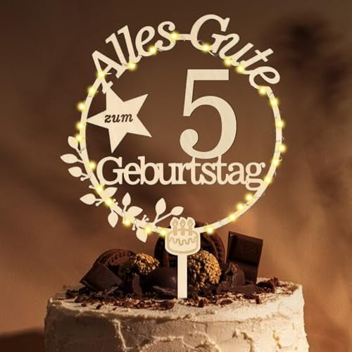 Cake Topper 5. Geburtstag Holz mit LED Lichterkette - Tortendeko 5. Geburtstag Deko - Kuchen Deko für Jungen Mädchen