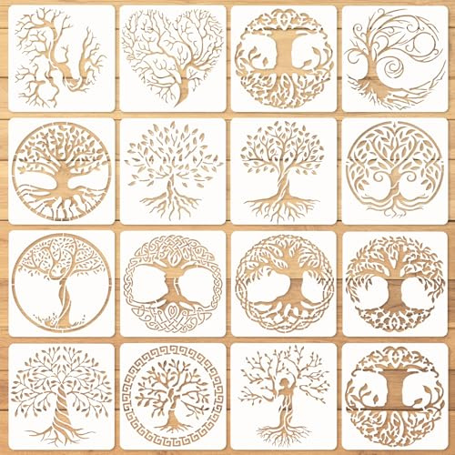 Matwsec 16 Pcs 5.91x5.91in Tree of Life Stencils for Painting, Reusable Small Stencils for Crafts, Wood Decoration Painting Templates for Wall Furniture Canvas Home Decor