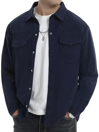 Vortewind Hemdjacke Herren,Hemd Herren Langarm mit 2 Klappentaschen,Knopfleiste Cordhemd Regular Fit Overshirt,Frühling Herbst Freizeithemd