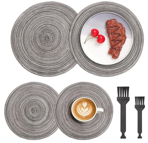 Set Tovagliette Rotonde Paglia 4 Pezzi 2 Sottopiatti Rotondi Eleganti da 30cm 2 Tovagliette Colazione Rotonde 11cm con Filo Argento Spazzolina Tovagliette Americane Tessuto Antiscivolo Resistenti