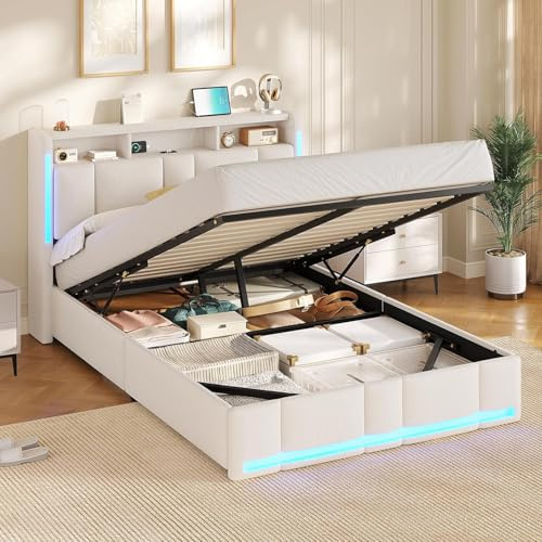 AOGLLATI Letto Matrimoniale con Contenitore 140x190 cm, Struttura Letto Matrimoniale con Illuminazione a LED e Stazione di Ricarica, Letto Imbottito con Testiera e Sollevamento Idraulico, Beige