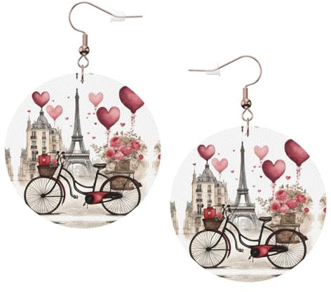 Love Paris Ohrringe für Damen, Motiv: Turm, Kaffee, Wein, Parfüm, Fahrrad, Herz, bedruckt, rund, leicht, Leder, trendiger Schmuck, Geschenke für Frauen und Mädchen, 1 Paar