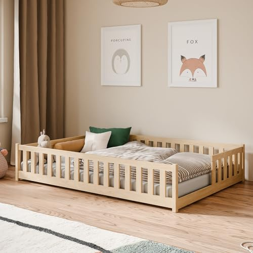 Kids Collective Kinderbett Bodenbett mit Rausfallschutz & Lattenrost Montessori Bett Bed Gitterbett Kinder Jugendbett Einzelbett | 140x200 cm | Natur