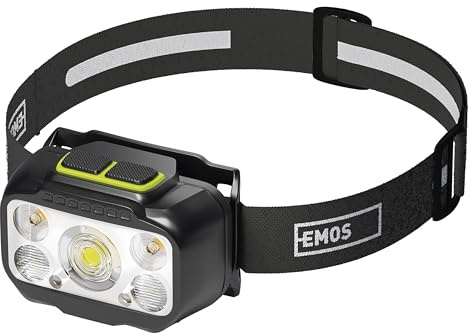 EMOS - LED-Stirnlampe mit dualer Stromversorgung - 7 Lichtmodi, bis zu 550 lm, 110 m Reichweite, 30°/60° Lichtkegel - aufladbar, Li‑Pol & AAA kompatibel, USB‑C-Kabel - wetterfest, leicht & stoßfest
