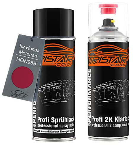 TRISTARcolor Motorradlack 2K Spraydosen Set für Honda Motorrad HON288 Procyon Rot Metallic Basislack 2 Komponenten Klarlack Sprühdose