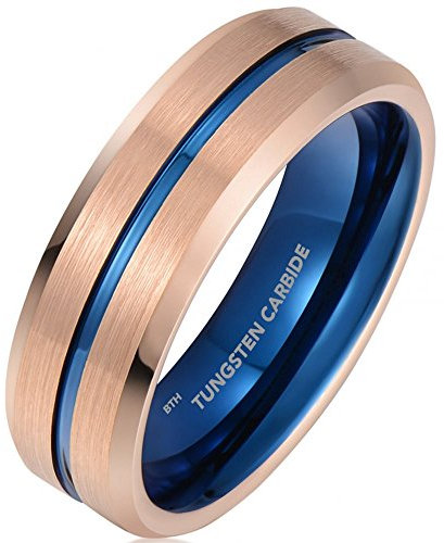 BESTTOHAVE Anello da uomo in tungsteno – oro rosa spazzolato con interno blu carburo di tungsteno, fede nuziale di fidanzamento 7, Carburo di tungsteno