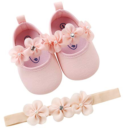 2 Pezzi Neonata Scarpe + Fascia, Bambino Fiore Scarpe Anti Scivolo Morbido Occasioni Speciali Battesimo per la Festa Nuziale Scarpe