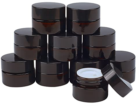 BENECREAT 10 Pack Bocaux Ronds en Verre Bocaux en Verre cosmetique Ambre Fonce avec doublures interieures Blanches et couvercles en Plastique Noirs pour la Beaute, Les lotions, Les cremes et Plus