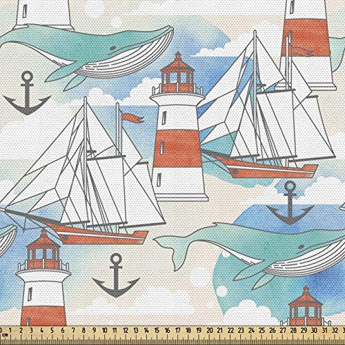 ABAKUHAUS Leuchtturm Gewebe als Meterware, Nautische Walboote, Schön Gewebten Stoff für Polster und Wohnaccessoires, 1M (148x100cm), Lachs Blau