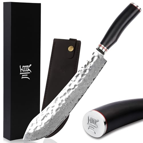 YOUSUNLONG Couteau à briser le nez de taureau Pro Couteau de boucher 25,4cm japonais en acier damas martelé avec manche en bois de plomb naturel