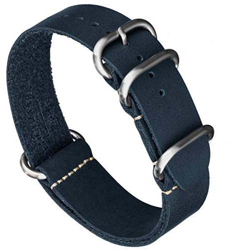Benchmark Basics Zulu Crazy Horse Uhrenarmband aus geöltem Leder, 18 mm, 20 mm, 22 mm oder 24 mm, Marineblau, 22mm, Einteiler