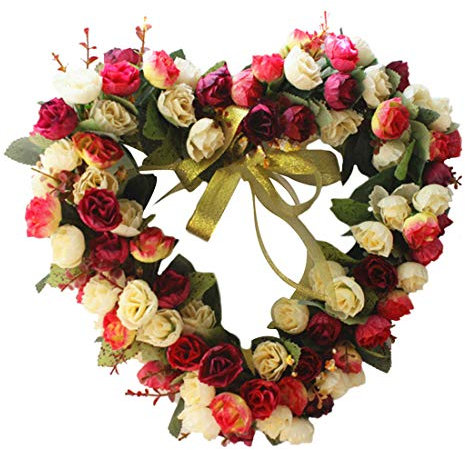 Calcifer 13.78 Inch Heart-shaped Artificial Garland Silk Flower Wreath Hanging Flowers Roses For Front Door, Wall, Home, Garden,Wedding,Party Decoration (Wine Red Yellow)