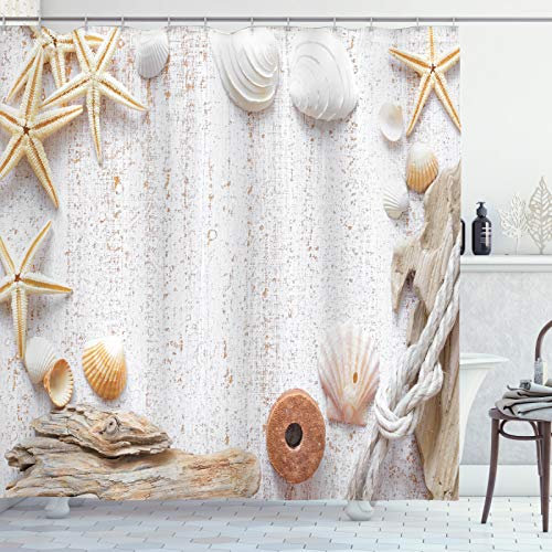ABAKUHAUS maritim Duschvorhang, Ozean-Muscheln Seesterne, Stoffliches Gewebe Badezimmerdekorationsset mit Haken, 175 x 200 cm, Off White und Mandel