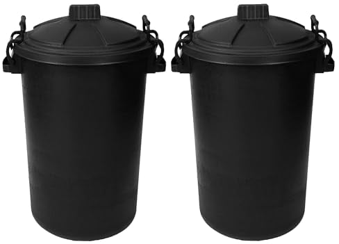 M1SS Set of 2- Outdoor Waterproof Food Bin With Clip Locking Lid black, waste bin, dustbin, council bin (80L Black with plastic handles) (Black)