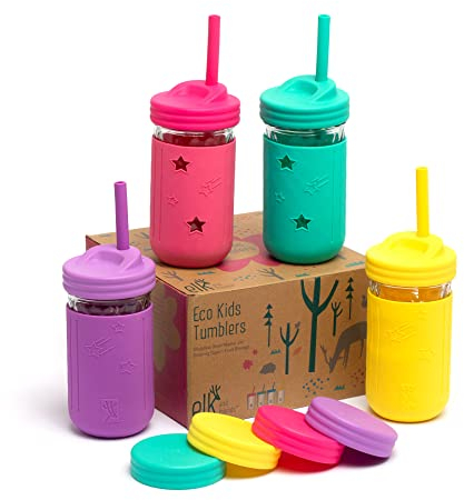 Elk and Friends Stainless Steel Cups | Mason Jar 10oz | Kids & Toddler Cups with Silicone Sleeves & Silicone Straws with Stopper | Sippy Cups, Spill Proof Cups for Kids, Smoothie Cups
