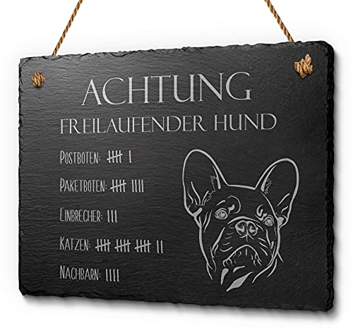 Vorsicht vor dem Hund Französische Bulldogge Schild Vorsicht Hund | Hochwertige Gravur auf Naturschiefer rechteckig 20x15 | Hinweisschild robust ideal für draußen